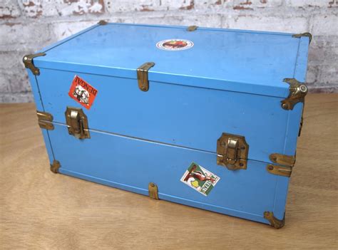 blue metal doll box|Vintage Blue Metal Doll Steamer Trunk or Case W/ Travel Decals .